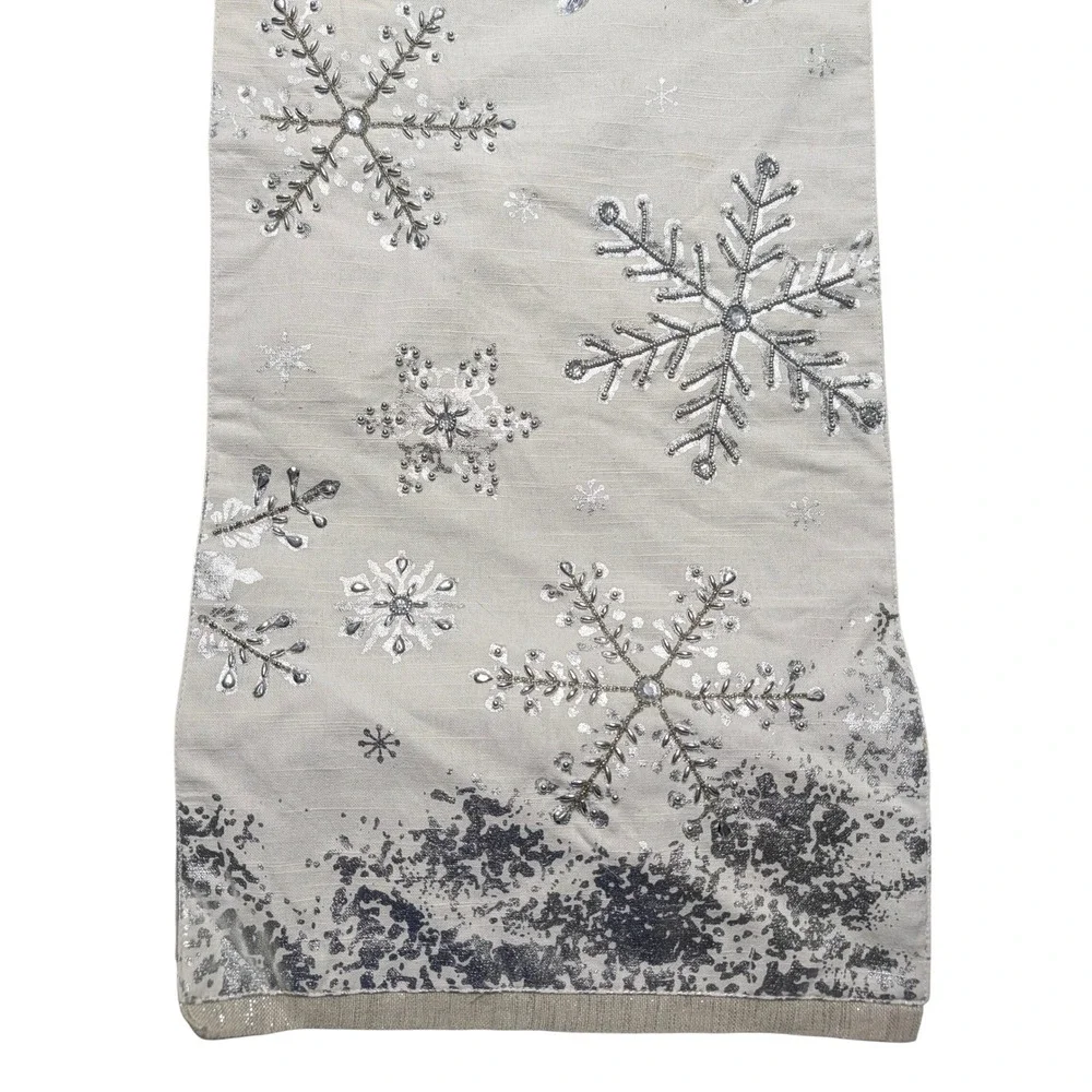 Silver Beaded Snowflake Table Runner Gray Metallic Holiday Winter Decor 72 Inch